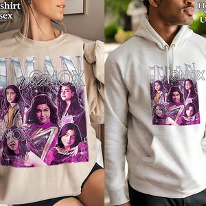 May include: A beige sweatshirt and a white hooded shirt, both unisex, featuring a graphic design. The design includes the text "IMAN KNOX" above a collage of images of a person, with a purple and white color scheme.