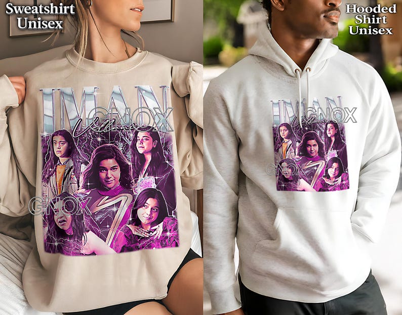 May include: A beige sweatshirt and a white hooded shirt, both unisex, featuring a graphic design. The design includes the text "IMAN KNOX" above a collage of images of a person, with a purple and white color scheme.