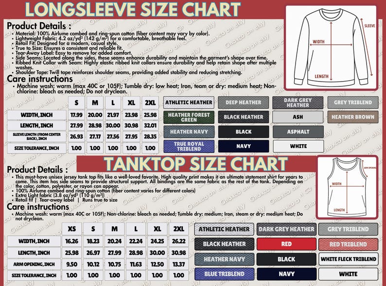 a long sleeve size chart for a tank top