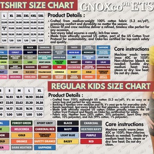 K&ouml;nnte beinhalten: Ein gelbes T-Shirt mit dem Text "GNOXCo" in Schwarz sowie eine Gr&ouml;&szlig;entabelle f&uuml;r regul&auml;re und Kinder-T-Shirts. Die Tabelle zeigt die Ma&szlig;e in Zoll und Farboptionen.