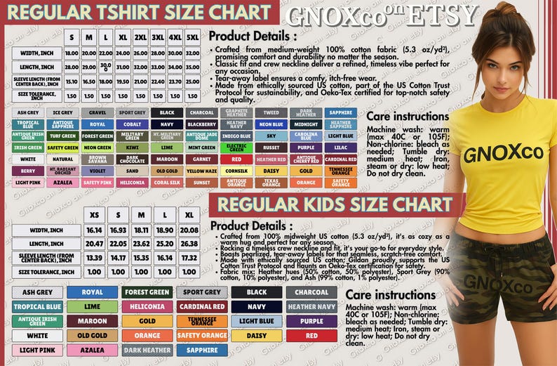 K&ouml;nnte beinhalten: Ein gelbes T-Shirt mit dem Text "GNOXCo" in Schwarz sowie eine Gr&ouml;&szlig;entabelle f&uuml;r regul&auml;re und Kinder-T-Shirts. Die Tabelle zeigt die Ma&szlig;e in Zoll und Farboptionen.