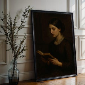 Gerahmtes Vintage Porträt Frau lesend - gotische Wandkunst, Dark Academia Poster, antikes Ölgemälde, gotische Dekoration, feine Kunst Geschenkidee