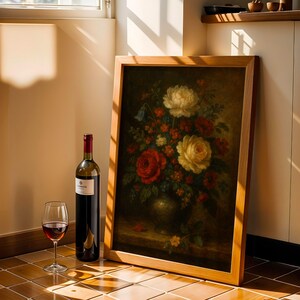 Pintura al óleo floral imprimible: arte mural vintage de naturaleza muerta, póster de jarrón estilo cottagecore, decoración elegante para dormitorio, idea de regalo de bellas artes, arte antiguo
