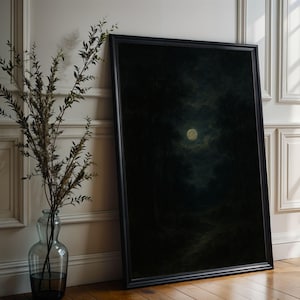 Eingerahmtes Ölgemälde einer dunklen Waldlandschaft - Stimmungsvolle Vintage Wandkunst, Schwarze Academia Poster, Mondlicht Gothic Dekoration, Mond Kunst Geschenkidee