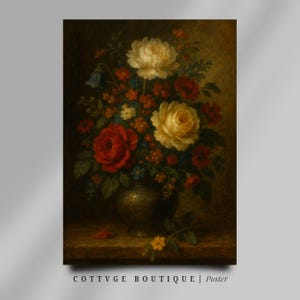 Dipinto a olio floreale vintage - Natura morta barocca, decorazione murale con vasi in stile cottagecore, elegante decorazione per la camera da letto, idea regalo artistica, poster antico