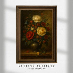 Printable Floral Oil Painting – Vintage Still Life Wall Art, Cottagecore Vase Poster, Elegant Bedroom Decor, Fine Art Gift Idea, Antique Art