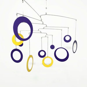 Hanging Mobile in Purple Yellow For Any Room 36 x 28 - Circles and Rings - Large Kinetic Hanging Art