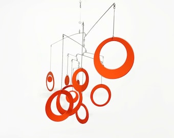 Fun Mobile in Orange For Any Room -  Circles and Rings - Kinetic Hanging Art