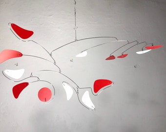 Mobile For Low Ceiling Loft or Sun Room Serenity Style in Red and White Modern Hanging Kinetic Sculpture