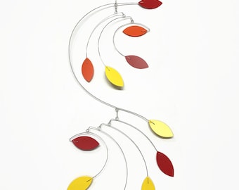 Hanging Mobile Dream Catcher Style in Red Yellow Orange Kinetic Art Sculpture