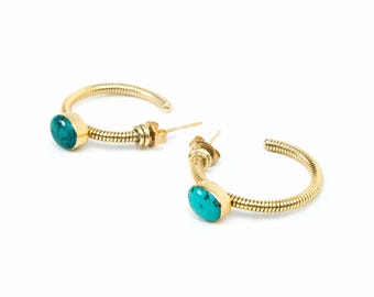 Turquoise Dangle Earrings: Handmade Brass Boho Jewelry, Nepali Gift