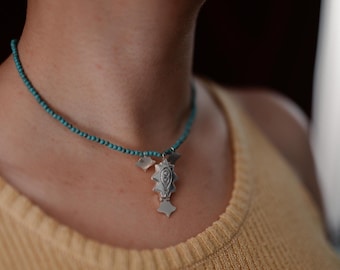 Turquoise Star Amulet Necklace – Handmade Brass Boho Jewelry