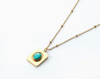 Turquoise Moon Pendant: Handmade Nepali Brass Necklace