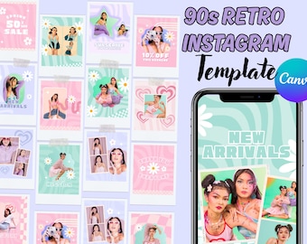 Retro Y2K Instagram Templates: Canva Editable Social Media Bundle (Posts, Stories)