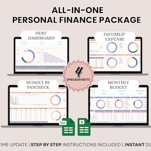 Op de afbeelding: Een alles-in-één pakket voor persoonlijke financiën, weergegeven op vier laptopschermen. De schermen tonen schulden dashboards, inkomsten- en uitgaven trackers, budget per salarisstrook en maandelijkse budget spreadsheets.