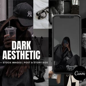 以下が含まれることがあります： 黒と白の画像のコラージュで、白い文字で「DARK AESTHETIC」と「130+ STOCK IMAGES | POST & STORY SIZE」と書かれています。コラージュには、黒い帽子をかぶった人、電話を持った人、お金を持った人、コーヒーカップを持った人の画像が含まれています。