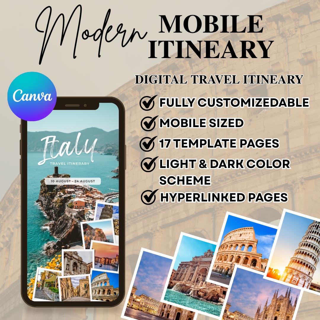 Mobile Travel Itinerary Template, Editable Canva Planner (digital ...