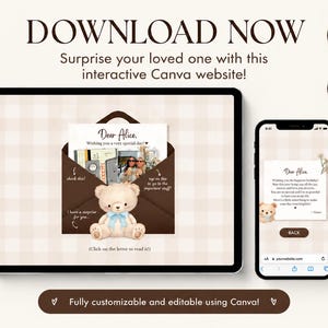May include: A digital interactive Canva website template displayed on a tablet and smartphone. The design features a brown envelope, a teddy bear with a blue bow, and text reading Dear Alice, Wishing you a very special day, and Click on the letter to read it.