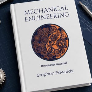May include: A white hardcover book titled Mechanical Engineering Research Journal by Stephen Edwards, featuring a circular graphic of dark blue and orange gears. The book is placed near a metal caliper, a silver pen, and a metal gear component.