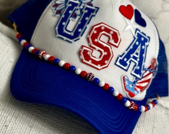USA Beaded Trucker Hat: Patriotic 4th of July, Red White & Blue
