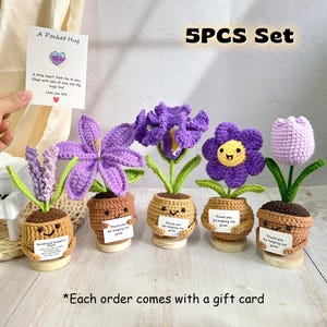 Lys au crochet, iris, lavande, tulipe, fleur souriante, plante en pot de fleur au crochet, soutien émotionnel, fleur mauve, carte-cadeau