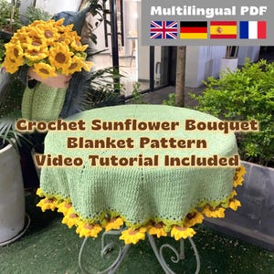 PDF Instant Download, Sunflower Bouquet Blanket Pattern, Video Tutorial Included, Multilingual PDF, Crochet Pattern for Beginner