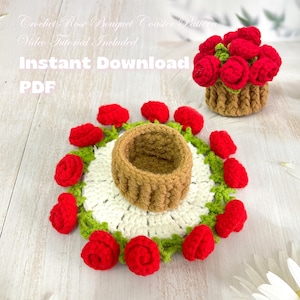May include: Crocheted rose bouquet coaster pattern with a video tutorial included. Instant download PDF.