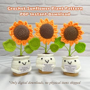 Descarga instantánea en PDF, Patrón de maceta de girasol a crochet hecho a mano, Tutorial de planta de girasol a crochet, Patrón para principiantes, Crochet DIY