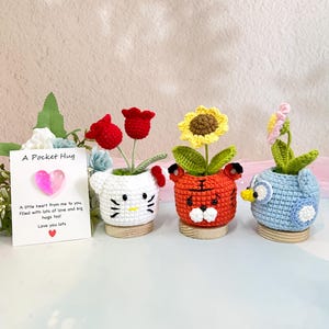 Flor de crochê feita à mão em vaso de animais, lírio-do-vale, girassol, margarida, presente de apoio emocional, presentes para meninas, cartão de amor