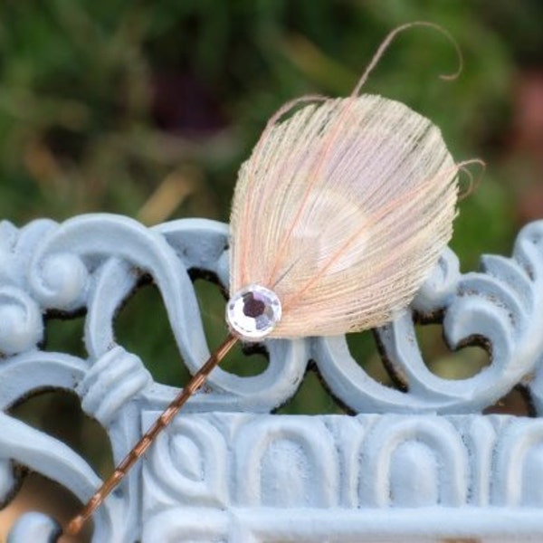 Feather Peacock Hair Pin - Peacock Hair Piece in Soft Pearl - Ready to Ship - soft romantic pretty feminine vintage rustic boho