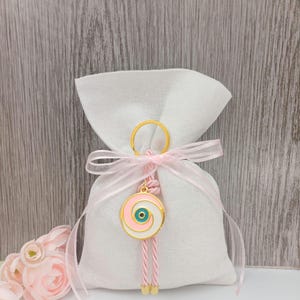 Greek Baptism Favors: Evil Eye Keychain, Linen Pouch, Koufeta Almonds (set of 10)