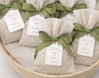 Personalized Olive Bomboniere – Linen Pouch Favor with Olive Green Ribbon, Custom Tag | Greek Italian Mediterranean Wedding Confetti (10pcs)