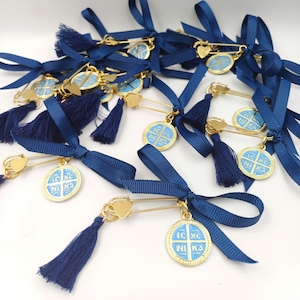 10 pezzi, spille Croce Martyrika-Spille Testimone-Spille di sicurezza-Bomboniera battesimo greco-ortodossa ragazzo-Spilla Konstantinato-martirika blu-Bomboniere ortodosse