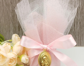 Greek Orthodox Icon Baptism Bombonieres, Pink tulle Christening favors Koufeta 10 pcs