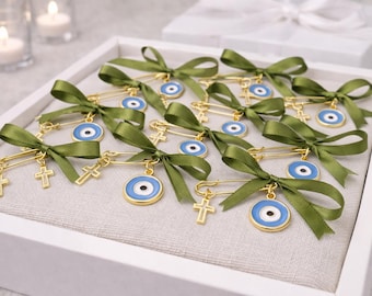 Christening Martyrika Pin | Baptism Witness Pins with Cross & Evil Eye | Greek Orthodox Baptism Favor (10 pcs)