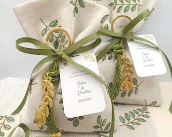 Olive Branch Wedding Bombonieres | Greek Orthodox Bridal Shower Favors with Koufeta | Elegant Favor Bags Set of 10