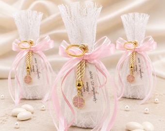 Lace Baptism Favors, Bomboniera with Pink Cross Keychain, Orthodox Christening Koufeta bags (Set of 10)
