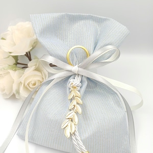 Bomboniere per matrimonio greco - Portachiavi con ramo d'ulivo - Sacchettini nei toni dell'azzurro e dell'oro - Battesimo ortodosso - Bomboniera per matrimonio unica, 10 pezzi.