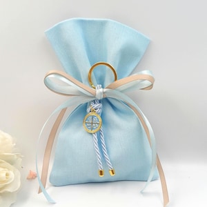 Cross key chain favors baptism Greek baptism boubounieres Orthodox baby blue Martirika Byzantine cross Almond candy bags 10 pcs.