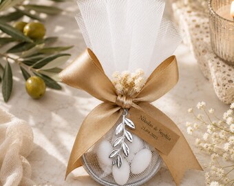 Silver Wedding Favors Tulle Ring Bomboniere | Greek bomboniera Silver Olive Leaf  | Mediterranean favors almond candy Set of 10