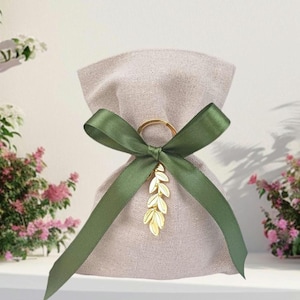 10 pezzi - Bomboniere personalizzate per matrimonio greco - Bomboniere con ramoscelli di ulivo - Regali Koufeta per gli ospiti - Sacchetti di lino di ulivo - Bomboniere per battesimo - Coriandoli