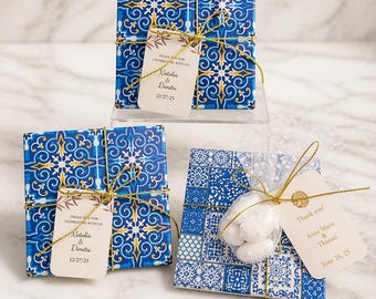 Greek Orthodox Wedding & Baptism Favor – Blue White Mediterranean Tile Coaster | Bomboniere Boy Baptism | Set of 10