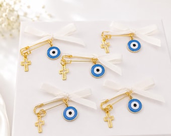 Evil Eye Cross Martyrika Pins | Greek Orthodox Baptism Favors (Set of 10)