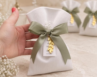 Mediterranean Wedding Favor Sage green ribbon, Olive Branch Bomboniere, White Pouch, Olive Leaf Charm