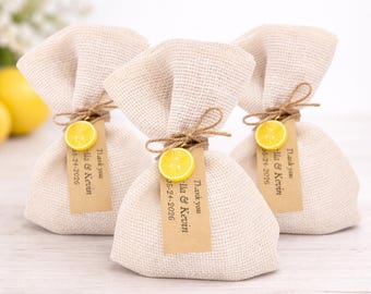 Lemon Wedding Favors with Koufeta, Burlap  Bags with Lemon Charm, Greek Bomboniere, Personalized Wedding Favors 10 pcs