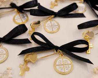 Baptism Favors – Martyrika Pins with ICXCNIKA enamel Cross Charm, Navy Ribbon, Christening Witness Pins, 10 pcs