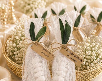 Lace Wedding Favor, Olive Leaf Bomboniere, Jordan Almond bags, Wedding Guest Gift, Greek Wedding, Set of 10