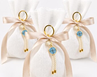 Baptism Cross Keychain Favors | Almond Bomboniere Set of 10 | Christening & Communion Favors