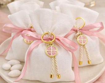 Girl baptism Favors – Greek  Bomboniere – Christening Cross Keychain Party Favor, first communion pouch 10 pcs