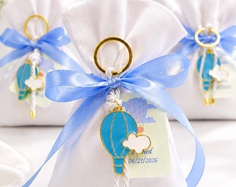 Greek Orthodox Baptism Bomboniere with blue Hot Air Balloon keychain, Christening favors, Baby shower party bomboniera, 10pcs